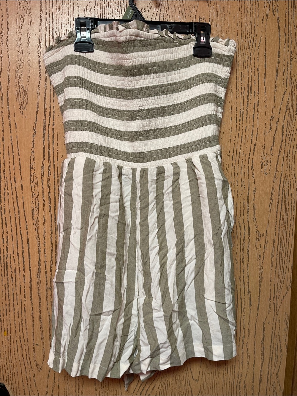American Eagle Outfitters Olive and White Striped Strapless Romper